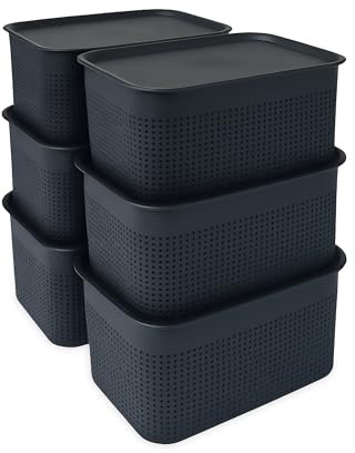 Relaxdays Aufbewahrungsbox 6er Set, mit Deckel, Organizer-Box 5 L, HBT: 13x26,5x19 cm, Stapelbox Kunststoff, schwarz