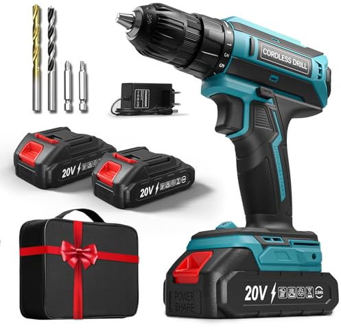 Akkuschrauber mit 2x 2000mAh Akkus, 20V Akku Bohrschrauber Set 42Nm Max, 2-Gang Akku-Bohrmaschine, Kompatibel mit Makita Akku, 25+1 Drehmomentstufen, 10mm Bohrfutter, LED-Licht, Für Reparatur und DIY