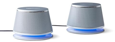 Amazon Basics Stereo-2.0-Lautsprecher für PC oder Laptop, 3,5-mm-AUX-Eingang, USB-Stromversorgung, 1 Paire, Silber