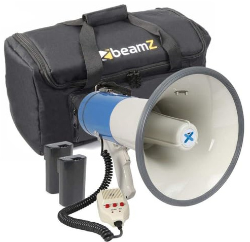 Vonyx MEG065 - Megafon Set mit Tragetasche und Zwei Akkus, 65 Watt Lautes Megafon mit Bluetooth, Aufnahme-Funktion, Sirene, Mikrofon, MP3 Player, USB, SD, AUX, Umhängegurt, Blau-Weiß
