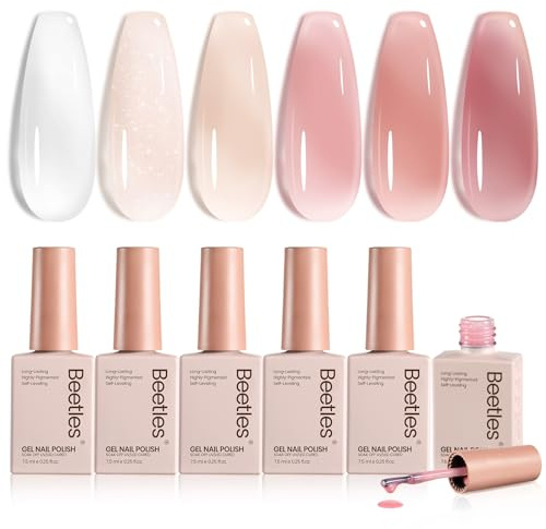 Beetles Gel Nagellack-Set 6 Farben Schier Jelly Gel Nail Polish 7,5 ml | neutral transparent milchig-weiß Nude-Pink durchscheinendes UV-Lampe erforderlich für DIY-Maniküre zu Hause langanhaltend