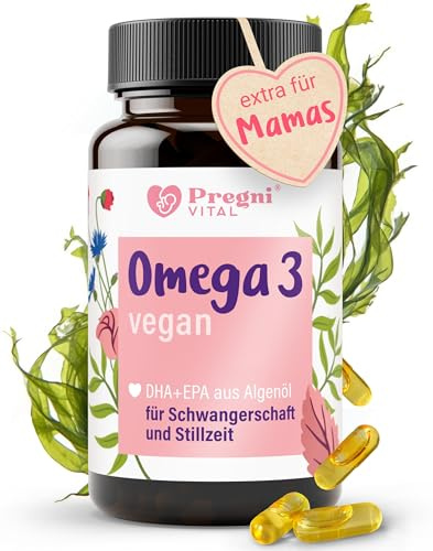 PregniVital Omega 3 Schwangerschaft 450 mg DHA & EPA, 60 Kapseln – vegan | Speziell für Schwangere – 1000 mg Algenöl pro Tag, für gesamte Schwangerschaft und Stillzeit