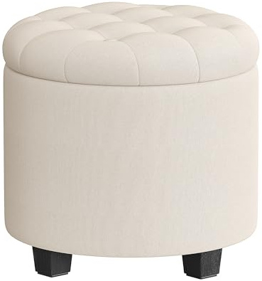 SONGMICS Hocker mit Stauraum, Rund, Leinenoptik, Massivholzbeine | Schminkhocker, 45 x 45 x 44,5 cm, bis 150 kg belastbar, Weiß und Schwarz, MACEO Kollektion LOM011W01