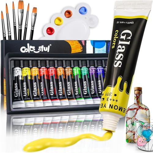 Colorful Acrylglasfarben-Set mit 6 Pinseln, 1 Palette, 12 Farben, Glasmalfarben für Weinglas, wasserfestes Acryl-Emaille-Farb-Set für durchscheinende Kunst auf Porzellan, Fenster und Keramik