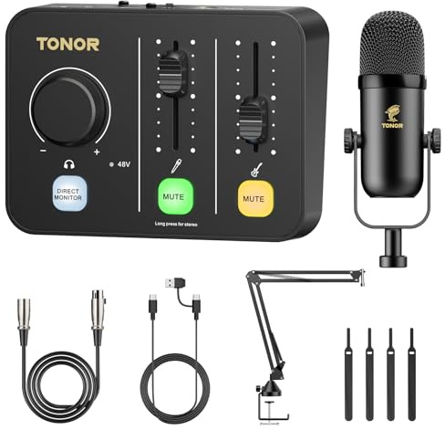 TONOR Podcast Mikrofon Set mit Audio Interface & Mikrofonarm, XLR Mikrofon, Kondensatormikrofone, Audio Mixer, Lautstärkeregler, 3D Stereoklang, für Recording, Podcasting, Streaming, POD-1