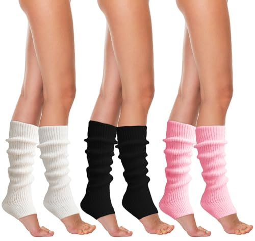 FUIPVGI 3 Paar Bein Stulpen Damen, Winter Lange Gestrickt Beinwärmer Legwarmers, Beinwärmer Knöchelwärmer für Ballett Yoga Frauen und Mädchen (Schwarz, Weiß, Rosa)