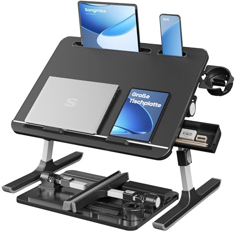 SONGMICS Laptoptisch, Betttisch, Laptopständer, 56 x 40 cm große Tischplatte, 120° stufenlos verstellbar, höhenverstellbar, mit Getränkehalter, Schublade, tragbar, tintenschwarz LLD113BC01