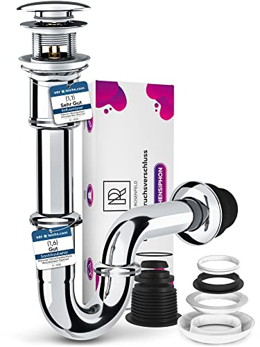 M. ROSENFELD HOME Siphon Waschbecken Ablaufgarnitur mit Überlauf Pop Up Set | Röhrensiphon 1 1/4 Zoll, Tauchrohr 45-85 mm, Edelstahl Chrom, Pop Up Waschbeckenstöpsel mit Sieb, Abflussrohr Waschbecken