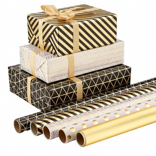 woric 5 Rollen Geschenkpapier Set, 43cm x 3m Geschenkpapier Schwarz Gold | 5 Designs Geschenkpapier Rolle mit Schleifenband Gold für Geburtstag Hochzeit Weihnachten