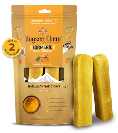 Dogsee Himalaya-Yak-Käse für Hunde mit Kurkuma/Curcumin (mittel – 2 Kauspiele) | ganz natürlich langlebig | entzündungshemmend | geruchloses, proteinreiches Kauspielzeug für aktive Kauer