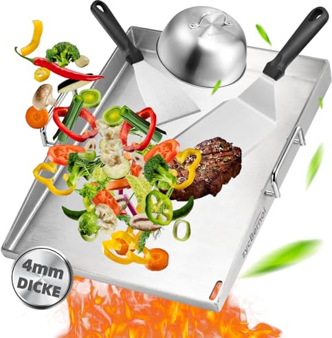 zycBernoi Premium Plancha Grillplatte Set - 40 x 30 cm - Grillplatte für BBQ Gasgrill & Kohlegrill - 4mm Dicke Plancha Gasgrill - Edelstahl mit 1 Burgerglocke & Grillspachtel Set