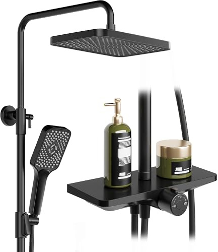 Regendusche ohne Armatur mit Ablage, Duschsystem mit Duschkopf Edelstahl Verstellbare Duschsäule Duschstange Überkopfbrause set Kopfbrause Eckig 30x 20.5cm Schwarz
