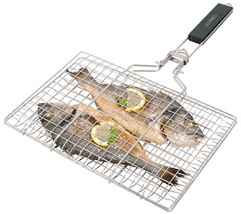 GOURMEO Edelstahl Grillschale - Fisch, Fleisch & Gemüse Grillkorb mit Holzgriff & Bürste - Rostfreie Zubehör Körbe zum Grillen für den Gasgrill und andere Grill Arten