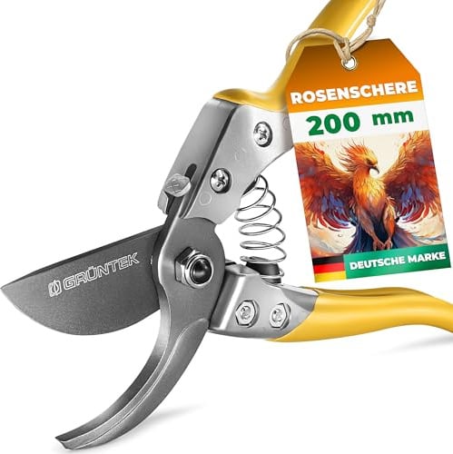 GRÜNTEK Gartenschere PHOENIX 200 mm TEFLON, Bequeme Bypass Baum-Garten-Astschere automatisch öffnende Teflon-Klinge 50mm Bypass, Rosenschere, Rebschere, Baumschere