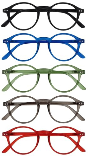 OPULIZE REY Lesebrille - 5er-Pack - Runder Retro-Rahmen - Mattschwarz, Blau, Grün, Grau, Rot - Herren Damen - Federscharniere - RRRRR56-1367Z - +2.50