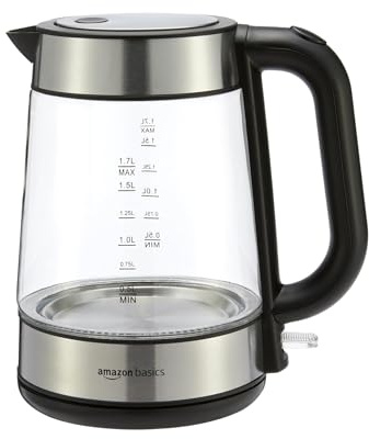 Amazon Basics Elektrischer Wasserkocher aus Glas, 1,7 l, 2200 W, Schwarz, Silber