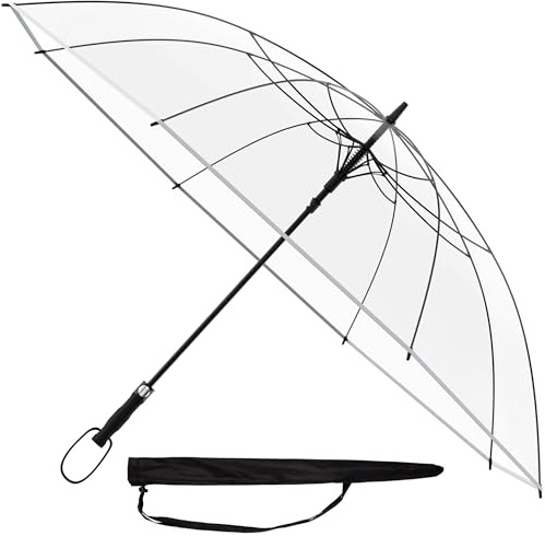 Sternenfunke Regenschirm groß XXL Ø130 cm transparent, Automatik, Hochzeit | Komfort Druckknopf, mit Tragehülle, perfekt als durchsichtiger Partnerschirm oder Hochzeitsschirm, durchsichtig – Rand weiß