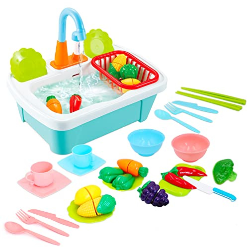deAO Kinderwaschbecken mit Echtem Wasser, Spielküche mit Spüle und Zubehör | Lernspielzeug für Kinder ab 3 Jahren, Indoor & Outdoor, Küchenspüle Spielzeug Set, Küche Rollenspiel Geschenk für Kinder