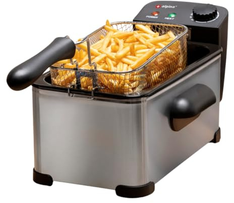 alpina Friteuse mit Fett 3L - Fritteuse mit Öl und Einstellbarem Thermostat - Fritöse mit abnehmbarem Korb - Deep Fryer 2000 W - 32,3 x 20,5 x 18,9 cm- Edelstahl, Silber