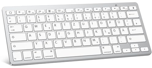 OMOTON deutsche Bluetooth Tastatur für iPad 10.9/10.2/9.7, Air 6/5/4/3, Tastatur für Pad Pro 13/12.9/11/10.5 und iPhone 17 Handy, QWERTZ Layout, Tragbare Kabellose, Ultra-dünn, Silber
