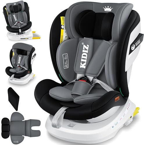 KIDIZ® Autokindersitz mit Isofix i-Size R129 100-150cm bis 12 Jahre, Kinderautositz Gruppe 0/1/2/3, mitwachsender Kindersitz, 5-Punkt-Gurt, höhenverstellbare Kopfstütze, Sitzerhöhung Auto, Schwarz