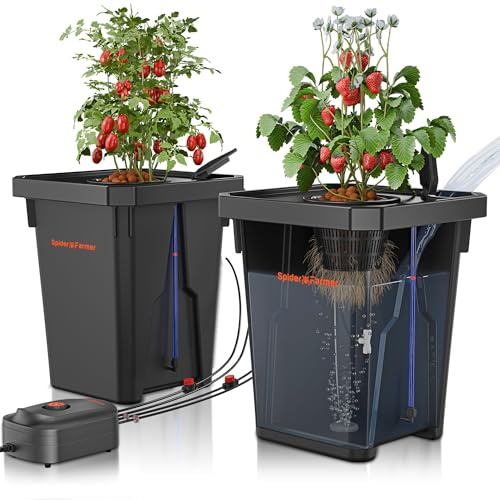 Spider Farmer DWC Hydrokultur Anbausystem mit 27 Liter/7 Gallonen Tiefwasserkultur, Neues Dreieckige Abdeckung Design, Umwälzendes Drip Garden System mit Topf-Tropfkit, 8W Luftpumpe, 2 Eimer