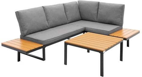 ML-Design Gartenmöbel Set 3 tlg, Terrassenmöbel mit Couchtisch & Kissen, Balkonmöbel Grau-Holzoptik, Ecksofa wetterfest, Sitzgruppe frei kombinierbar, Lounge Möbel Outdoor für Garten Terrasse & Balkon