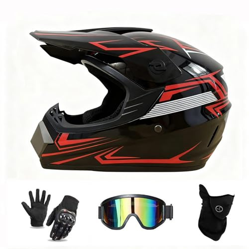 Motocross-Kind-Kinder Helm D.O.T Zertifizierung Jugend Quad Crash-DH Full Face Off Road Downhill Dirt Bike MX ATV Motorradhelm Für Jungen-Mädchen,Rot,L(56~57cm)