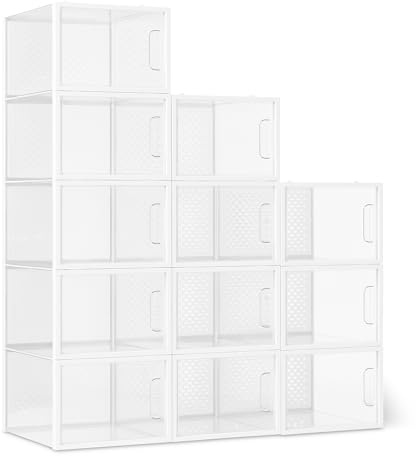 Amazon Basics Schuhaufbewahrungsbox, stapelbar und faltbar, groß, 12 Stück, Transparent