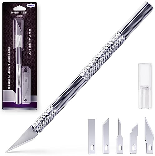 Filzada® Profi Bastelmesser Skalpell Set + 5x Ersatzklingen - Cuttermesser | Hobbymesser, Schnitzmesser, Präzisionsmesser - schneidet Papier, Fondant, Stoff, Leder, Folie - Carbonstahl ultrascharf