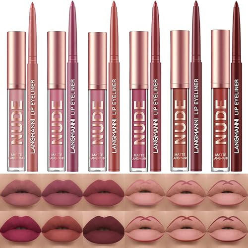 6 Matter Lippenstift mit 6 Lipliner Dauerhafter Lipgloss, langlebiger und wasserdichter Non-Stick Cup High Pigmented Samt Lipgloss Kit, Schönheitskosmetik Geschenk für Mädchen (12PCS)