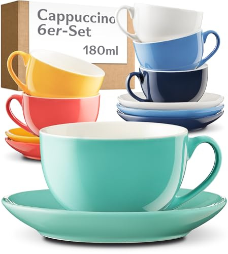 Cosumy Cappuccino Tassen Set 6er Bunt 180ml – Kaffeetassen Set Keramik | Dickwandig hält lange warm, spülmaschinen- & mikrowellenfest, glänzend glasiert, stapelbar, mit Untertassen, Coffee Cup