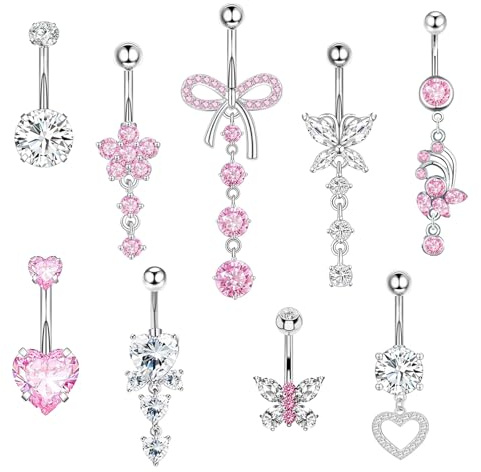 Eyezeeption Bauchnabelpiercing Chirurgenstahl, 9 Stück Piercing Bauchnabel Belly Piercing Bauchnabel piercing Set Nabelpiercing Bauchnabelpiercing Silber, Schmetterling Bauchnabel piercing Titan