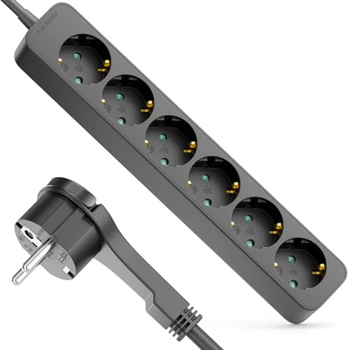 deleyCON 6-Fach Steckdosenleiste mit Flachstecker - 3,0m Kabel - Ideal hinter Möbel, Mehrfachsteckdose Stromkabel Verteiler Verlängerung Stromleiste 3680W 16A - Schwarz