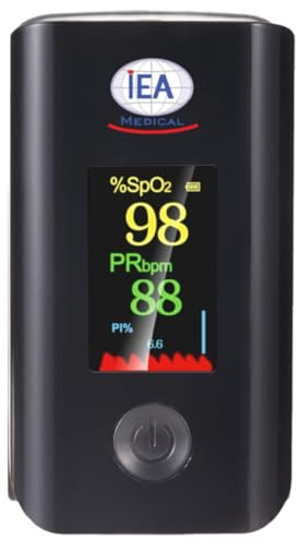 IEA Medical Pulsoximeter Finger – Sauerstoffsättigung & Puls messen | Misst SpO2 (Blutsauerstoff) & Puls in Sekunden, großes Display, inkl. Batterien & Tasche – Fingeroximeter für Zuhause & Sport