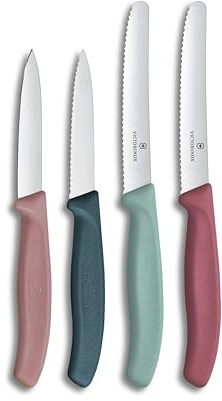 Victorinox Swiss Classic, Tomaten- und Gemüsemesser Set, 4teilig, Scharfe Klinge, 8 und 10 cm, Wellenschliff, Rostfreier Stahl, Grün und Rot