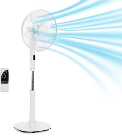 Amazon Basics Standventilator 40 cm mit DC-Motor, 12 Geschwindigkeiten und Fernbedienung, 3 Windmodi, Doppelschicht-Rotorblätter, Timer, Energieeffizient und Leiser DC-Motor (28W), Weiß