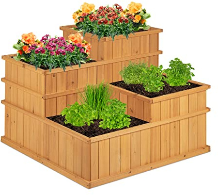 Relaxdays Hochbeet, gestuft, 4 Pflanzkästen, Garten, Balkon, Natur | Terrasse; Pflanzbeet aus Holz, HxBxT: 61x81x81 cm