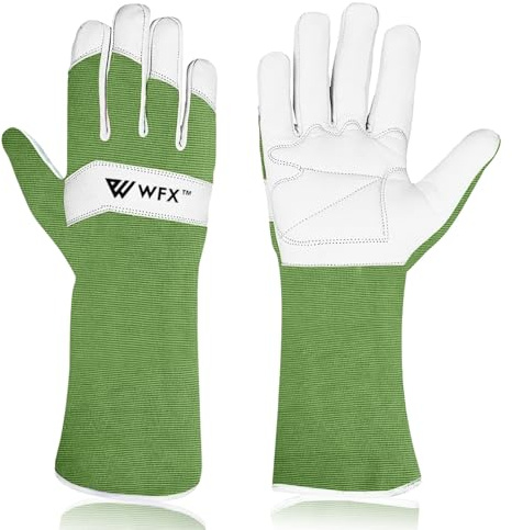 WFX Lange Gartenhandschuhe aus Leder für Damen, Herren, Damen, langlebig, Ziegenleder, Gartenhandschuhe, Unterarmschutz, dornensicher, Gärtnerarbeit, Rosenbeschneide, Geschenk (Grün, M)