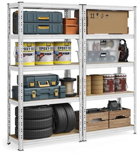 SONGMICS Schwerlastregal, 2er Set, Kellerregal, 40 x 90 x 180 cm, bis 875 kg belastbar, einfache Montage, Lagerregal, verstellbare Ablagen, Lagerregal, silbern GLR455E01