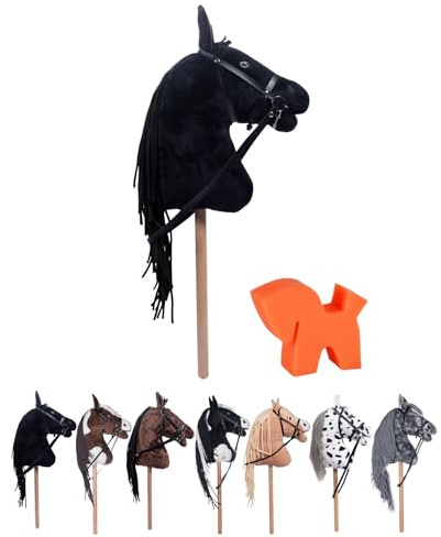 RL24 HKM - Hobby Horse Bobby inkl. Putzschwamm – Steckenpferd mit Trense – Spielpferd aus Plüsch mit Holzstock & Langer Mähne – Stockpferd ohne Griffe & Rollen – schwarz