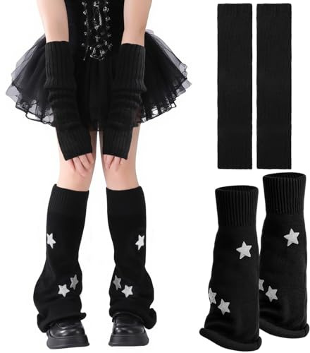 Y2K Beinwärmer mit Armstulpen, Langer Strickstulpen, Goth Fingerlose Pulswärmer, Kawaii Leg Warmers, Harajuku Gestrickte Beinstulpen, Clothes Accessoires für Damen Mädchen Winter Lolita (2 Paar)
