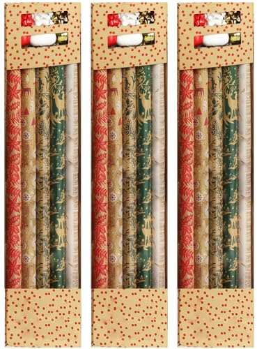 made2trade Weihnachtliches Geschenkpapier-Set mit Bändern - 11 Teilig - 200x70cm - Vintage Mix - 3er