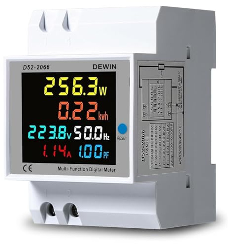 DEWIN Stromzähler, Stromzähler Hutschiene LCD Energiezähler Einphasen Energiekostenmessgerät 6 in 1 Strom Spannung Leistung kWh Messgerät Wechselstromzähler AC 40-300V