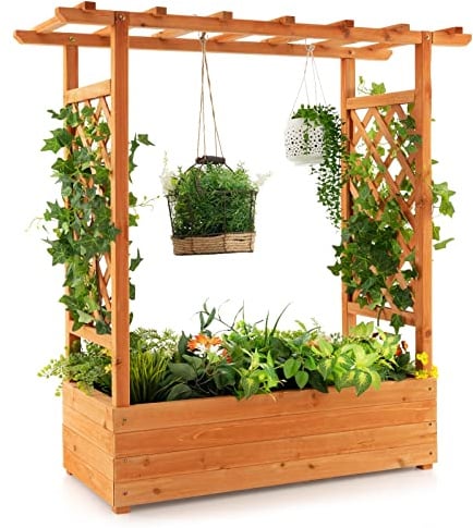 RELAX4LIFE Pflanzkasten mit Rankgitter & Dachregal, Blumenkasten mit Gartenspalier für Kletterpflanzen & Korbpflanzen, Rankkasten Holz, Blumenbeet für Balkon Terrasse (110 x 44 x 113,5 cm, Orange)