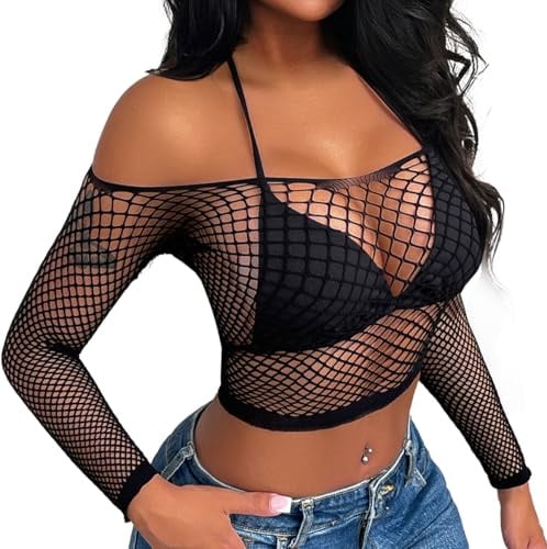 Buitifo Women Sexy Lingerie Fishnet Top Beach Cover Up | Sheer Spitze durchsichtige Bluse Shirt,Netz Bodysuit Top,kostüm Damen,Strand Vertuschen Shirt,Urlaub Strand Party