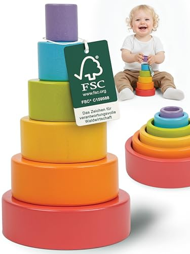 Merle Toys® Stapelbecher Baby Spielzeug, 100% FSC-Zertifiziert, 6X Stapelbecher ab 1 Jahr, BPA-Frei, Stapelturm Baby Holz, Stapelturm ab 1 Jahr, Stacking Cups, fördert Motorik und Kreativität