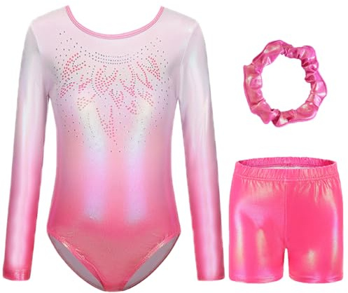 Boteria Dreiteilige Gymnastikanzug Mädchen Turnanzug Leotard Turnshorts und Haarband Set, Langarm Ballettröckchen Kleid Trikotanzug Gymnastik Outfit Set für 5-12 Jahre