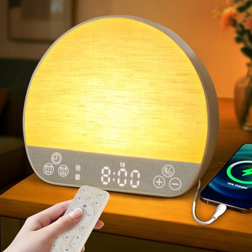 Charmofun Tageslichtwecker Sanftes Aufwachen, Lichtwecker Sonnenaufgang mit 37 beruhigende Klänge, Doppelt Alarm und Snooze,Wake Up Light wecker mit Fernsteuerung für Tiefschläfer und Kinder