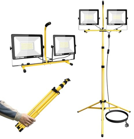 RIGIDON 200W LED Baustrahler mit Stativ, 20000LM Strahler Arbeitsstrahler | Kaltweiß Bauscheinwerfer mit 129-254 cm Einstellbar Teleskopisch, Stecker & 5m Kabel für Werkstatt Baustelle Garage Camping